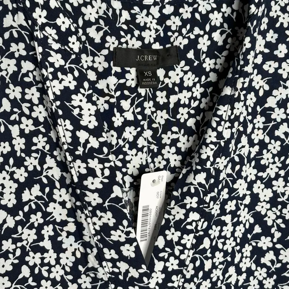 J. Crew Navy White Ditzy Floral Popover Cuff Short Sleeve Blouse Top Size XS New